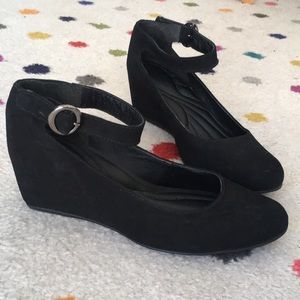 Black suede Mary Jane wedge heels